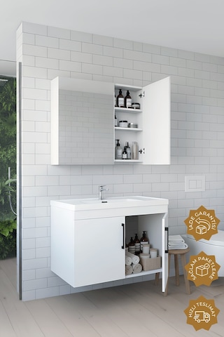 Teta Home Yalova 80 Cm Mdf Banyo Dolabı Seti Beyaz Beyaz