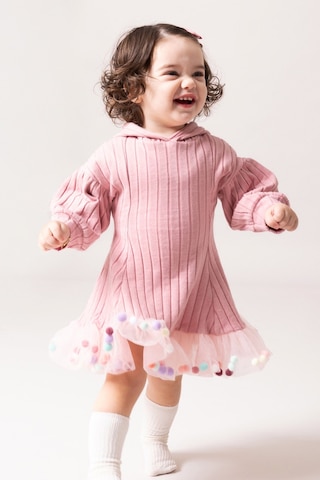 Babymod Kapüşonlu Fiyonklu 100% Pamuk Kız Bebek Elbise Pembe