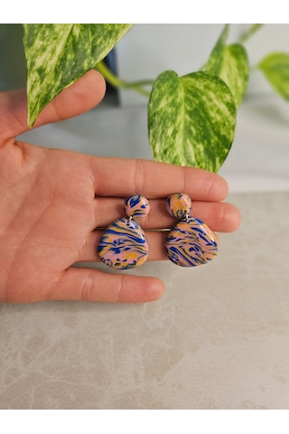El Yapımı Polimer Kil Küpe - Paslanmaz Çelik Aparatlı Ebru Desenli Damla Sallantılı Küpe Marble Drop Ebruli