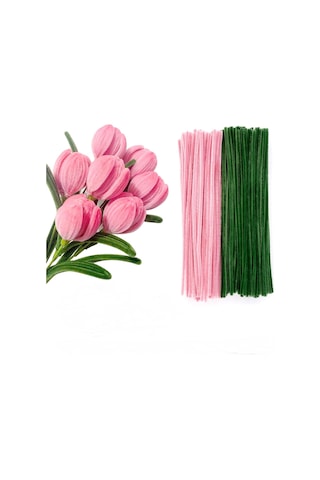 100 Adet Pembe Ve Koyu Yeşil Renkli Şönil , Çiçek Yapım Seti, Tüylü Tel, 30 Cm, Peluş Te