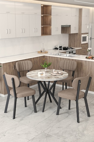 Gnr 90cm Sabit Efes Mutfak Masası Takımı, Yemek Masası, 4 Modern Cappucino Sandalye Cappuccino