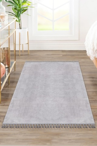 Comfort Oval Overloklu Peluş Halı Gri Gri Ponpon Saçaklı