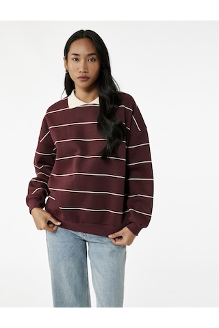 Koton Uzun Kollu Polo Yaka Oversize Sweatshirt Bordo Çizgili 6wal10231ık Bordo Çizgili