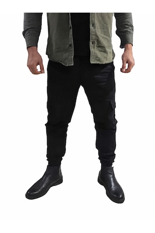 Mrmakas Erkek Kargo Pantolon Likralı Slim Fit Siyah Düz Paça