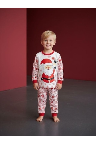 Zekids Çocuk Pamuklu Yılbaşı Temalı Noel Baba Baskılı Pijama Takımı-16589 Renklı