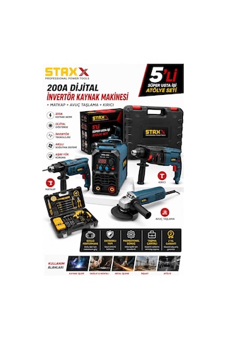 Staxx Atl5set 5'li Atölye Paketi Kaynak Makinesi Kırıcı Avuç Taşlama Darbeli Matkap Akülü Matkap