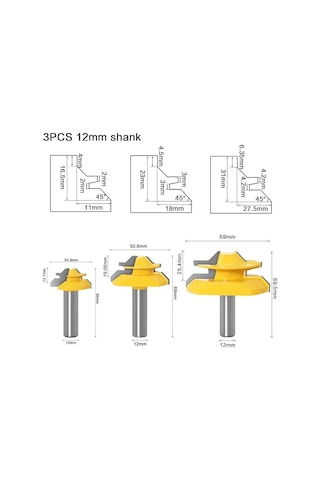Sones Ahşap İşleme Gravür Makinesi Freze Kesici 45 Derece Derz Bıçağı, Model: 12mm Saplı 3 Adet/takım