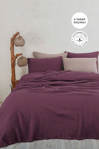 %100 Pamuk Çift Kişilik Müslin Yatak Örtüsü 4 Katlı Yumuşak Battaniye Müslin Pike Takımı 3 Parça Mor Mor