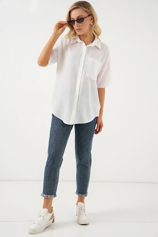 Gülsüm Aydın Kısa Kol Keten Görünümlü Gömlek 20336 - Beyaz Beyaz