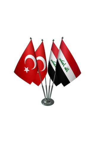Masa Üstü Irak Bayrağı Türk Bayrağı Dörtlü Krom Direk Masa Bayrak