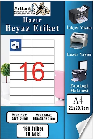 A4 Hazır Etiket 105x37.1 Mm 10 Sayfa 1 Paket 16 Lı Kendinden Yapışkanlı Fotokopi Lazer İnkjet Kağıdı Yazıcılar İçin Uyumlu