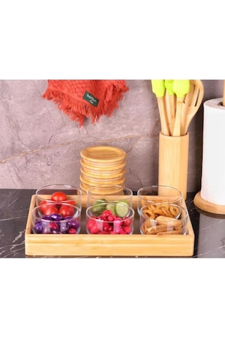 Duo 300ml 6'lı Tepsili Bambu Kapaklı Cam Kahvaltılık Ahşap - Şeffaf
