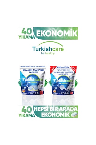 Turkishcare Bulaşık Deterjanı Premium Tablet 40 Yıkama + Bulaşık Makinesi Deterjanı Toz 40 Yıkama