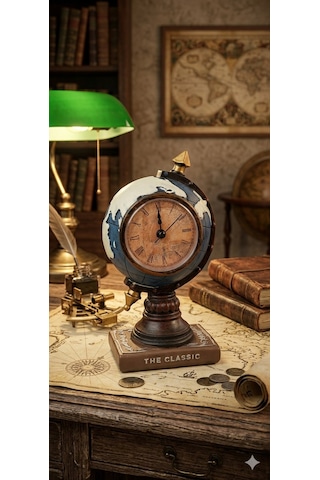 Nostaljik Ofis Ve Ev Dekoru Masa Saati Biblosu The Classic Dünya Küresi Antika Biblo Saat 19 Cm-m Gold
