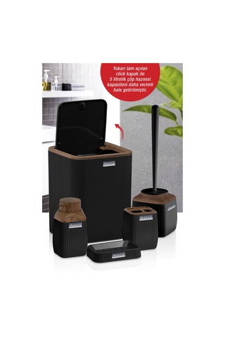 Okyanus Home Ahşap Desenli Çizgili 5'Li Banyo Seti - Siyah