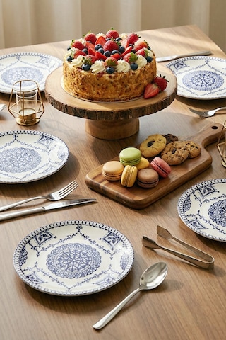 Grandora Mavi Beyaz Çini Desenli 6'lı Pasta Tabağı Seti 20 Cm - Pasta Ve Tatlı Tabak Vintage Sunum Tabağı Lacivert-beyaz