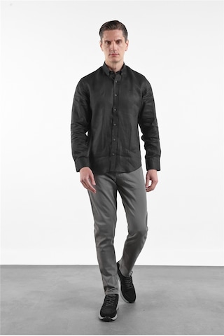 İmza Siyah Keten Düğmeli Yaka Uzun Kol Cepsiz Slim Fit Keten Gömlek 1004260161 XL