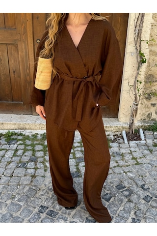 Laluvia Kahverengi Tek Düğmeli Kuşaklı Kimono Takım - 007