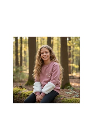 Fesshera Kids Kız Çocuk Sweatshirt Beyaz Sevimli Kalp Baskılı Peluş Kollu İnci Detaylı Pamuklu Sweatshirt Pudra