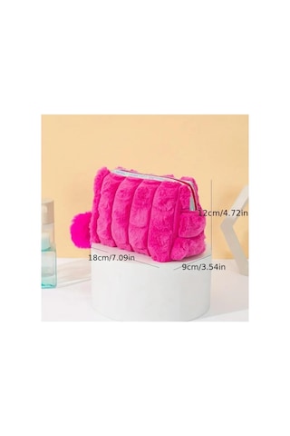 Pembe Peluş Makyaj Çantası, Holografik Detaylı, Ponponlu, Fermuarlı