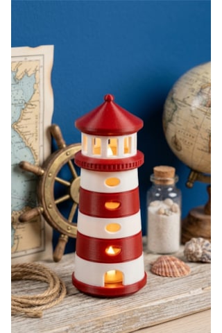 Dekoratif Tasarım Deniz Feneri Tealight - Kırmızı Beyaz Çok Renkli