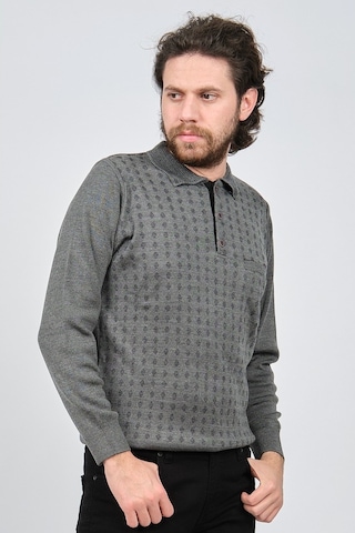 Çizgi Triko Erkek Cep Detaylı Polo Yaka Desenli Kazak 42544216 Gr Gri