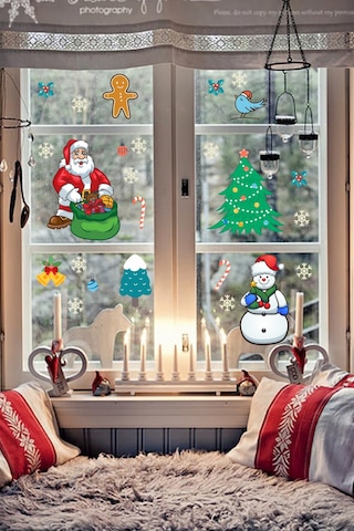 Yılbaşı Noel Baba ve Kardan Adam Temalı Cam Duvar Sticker