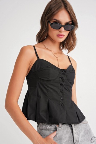 4737 Kadın Düğmeli Kuplu Pileli Bluz Siyah Siyah