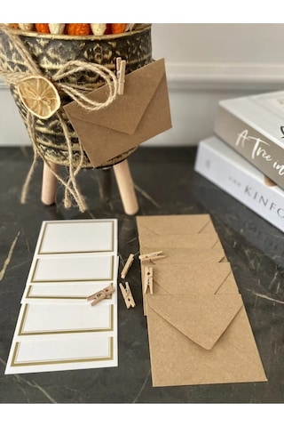 10 Adet Mandallı Kraft Not Kartı Ve Zarfı - Hediye Kartı - Tebrik