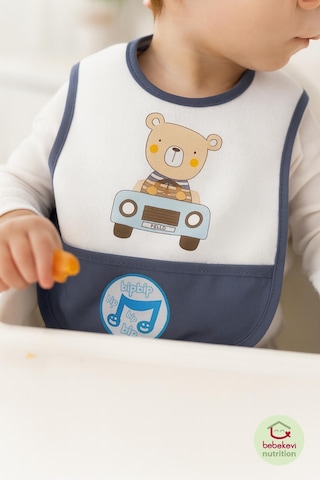 Düdüklü Cepli Sıvama Mama Önlüğü - Arabalı Ayıcık Mavi Bebek Önlüğü Koyu Mavi