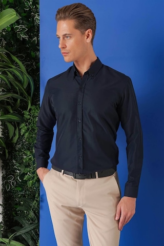 Efor Slim Fit Düğmeli Yaka Pamuklu Klasik Lacivert Gömlek Gk 715 Lacivert