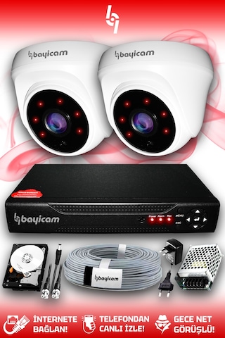 Bayicam 2 Kameralı Dome 2 İç Kamera Set 100 GB HDD Full HD Gece Görüşlü Güvenlik Kamerası Sistemi
