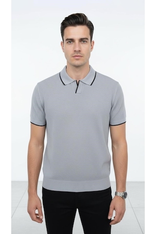 Plus Scorpion Erkek Pike Dokulu Triko Polo Yaka Tişört Slim Fit Şerit Detaylı Yazlık Model Gri