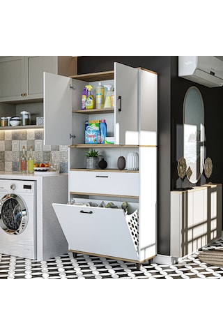 Çamaşır Sepetli Banyo Dolabı, Çok Amaçlı Dolap 90 X 200, Roomart Atlantik Çam - Beyaz