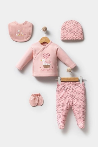 Bebitof %100 Pamuk Sevimli Ördek Desenli 5 Parça Yenidoğan Hastane Çıkışı Zıbın Seti Bbtf.pmb.20219 Pembe