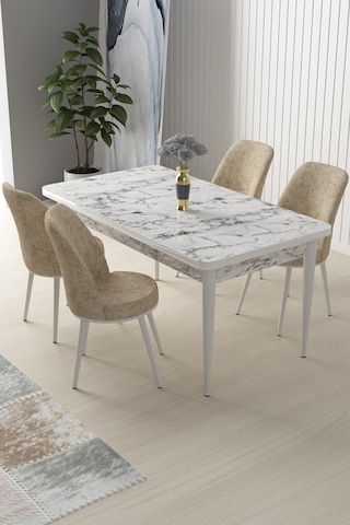Canisa Concept Nil Serisi 70x110 Sabit Mutfak Masası Takımı Beyaz Mermer Desen Masa 4 Krem Sandalye Masa Beyaz/sandalyeler Krem