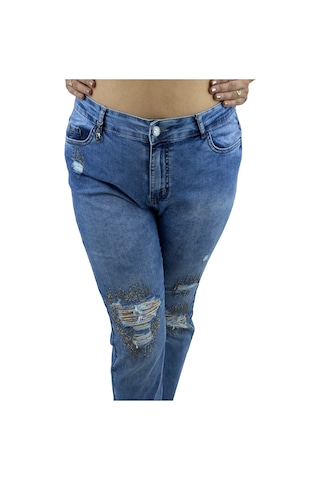 Büyük Beden Denim Taşlı Yırtık Yıpratma Detaylı Dar Paça Kadın Pantolon Mavi