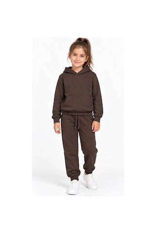 Rony Pony Kids Unisex Kız Erkek Çocuk Kahverengi 2 İplik Kapüşonlu Kanguru Cepli Eşofman Takımı