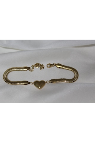 Kalp Detay Balık Sırtı Bileklik İtalyan Zincir Zarif Tasarım Gold Çelik Bilekik Kalpli Çelik Künye Gold