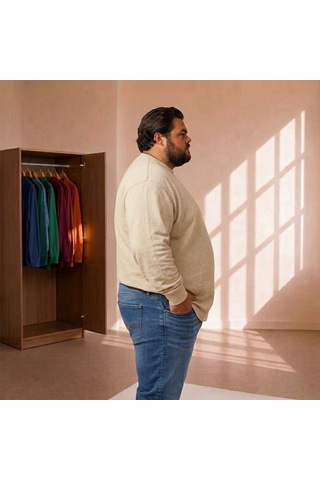 Sngl Tekstil Erkek Büyük Beden Oversize 20/1 Penye Uzun Kollu Sweatshirt Ekru