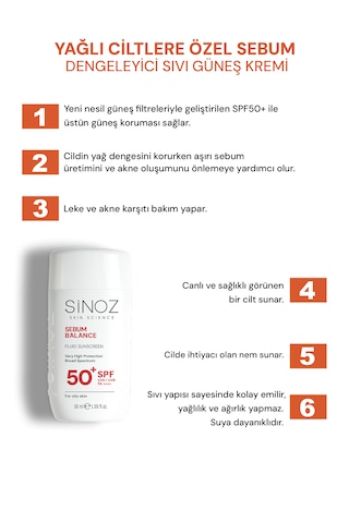 Sinoz Yağlı Ciltler için Sıvı Yüz Güneş Kremi SPF50+ 50 ML