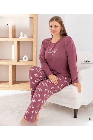 Pijamoni Kadın Milan Büyük Beden Bisiklet Yaka Uzun Kol İnce Pijama Takımı 7666/38 - 1 Adet Gülkurusu