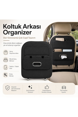 Araç Koltuk Arkası Organizer Deri Görünümlü Çok Gözlü Mendil Çıkışlı Siyah