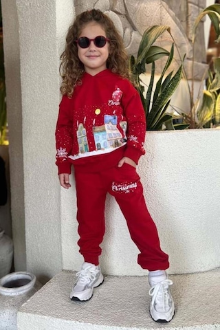 Riccotarz Kız Erkek Çocuk Kar Tanesi Ve Bina Digital Baskılı Yazı Detaylı Christmas Kırmızı Eşofman Takım Kırmızı