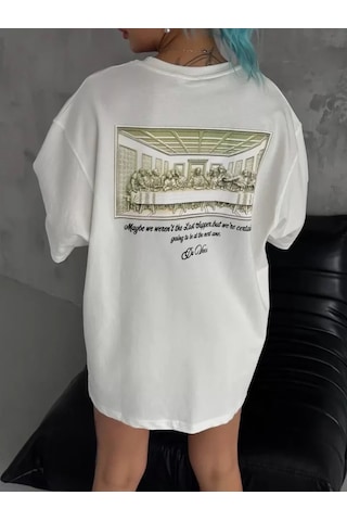 Modi Unisex Baskılı Oversize T-shirt - Beyaz - Mymg98309