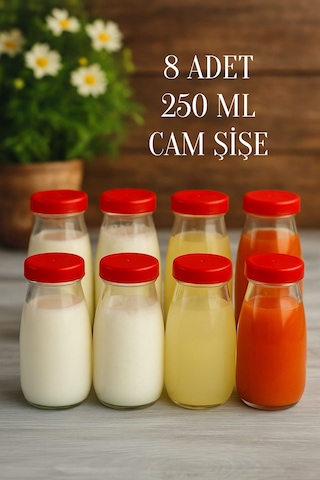 Rotanev Şeffaf Sürahi Meşrubat Şişesi Plastik Kapaklı Cam Şişe 8 Adet 250 ML