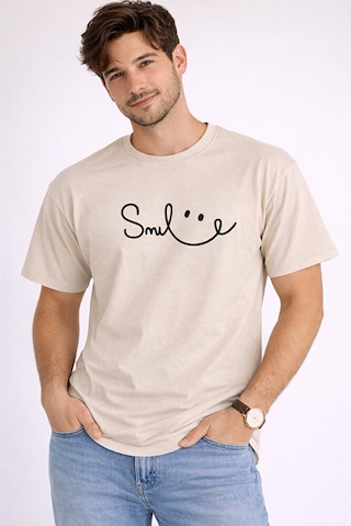Nevermind Unisex Tişört Smile Baskılı Basic Oversize Günlük Rahat Bej