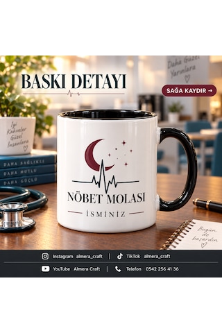 Almera Craft Kişiye Özel İsimli Nöbet Molası Kupa Bardak 300 Ml Siyah Kulplu Doktor Hemşire Hediyesi Beyaz-siyah