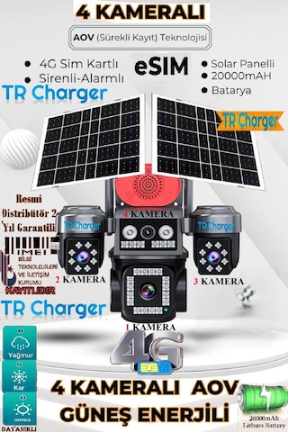 4 Kameralı E-sım Güneş Enerjili Güvenlik Kamerası Çift Güneş Pa