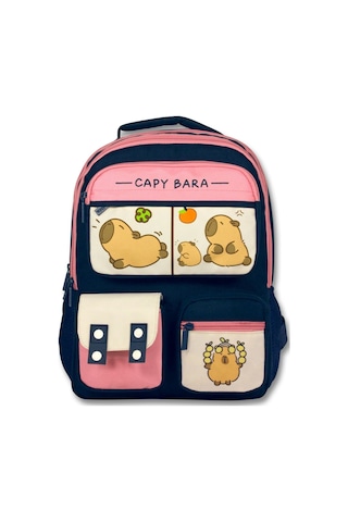 Capybara Lacivert - Pembe Kız Çocuk Çok Cepli İlkokul Okul Sırt Çantası - 6212 Çok Renkli